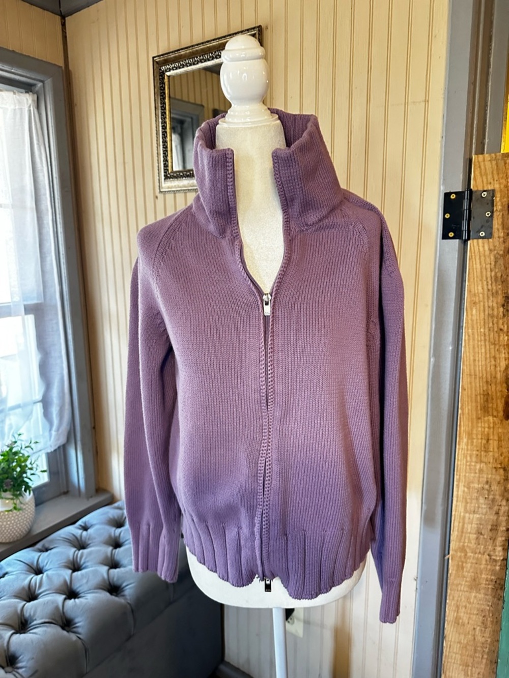 IZOD Womens Zip Up Sweater Large Purple Cotton Knit Mock Neck Cardigan Y2K
